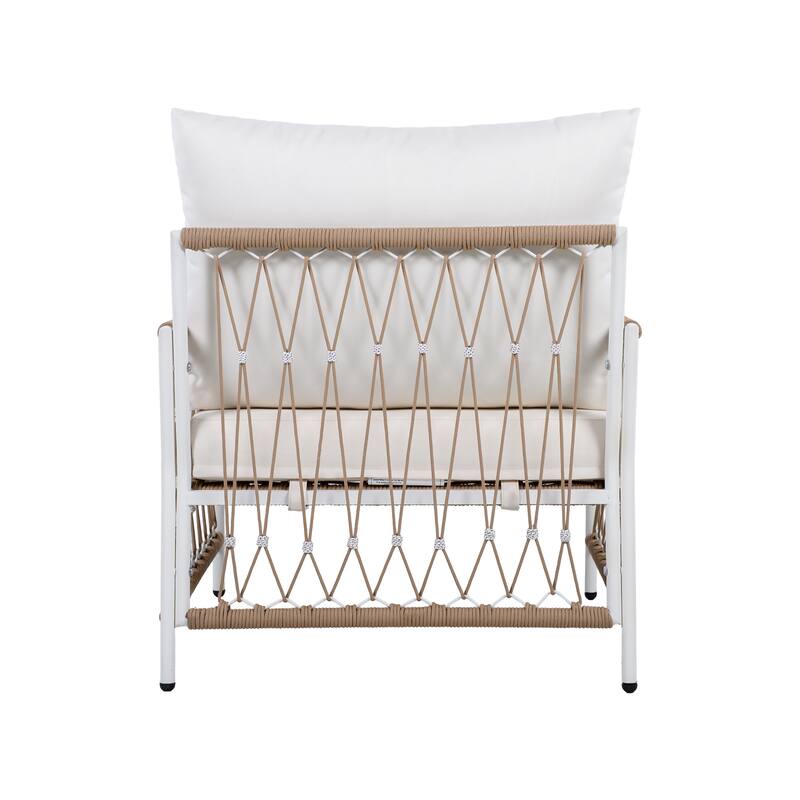 [Set of 2] Bohemian Outdoor Lounge Chair with Handwoven Rope & Powder-Coated Steel Frame, Waterproof Cushions