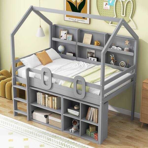 slide 2 of 8, Grey Twin Size Pine Wood House Loft Bed with Storage Shelves, Guardrails Grey