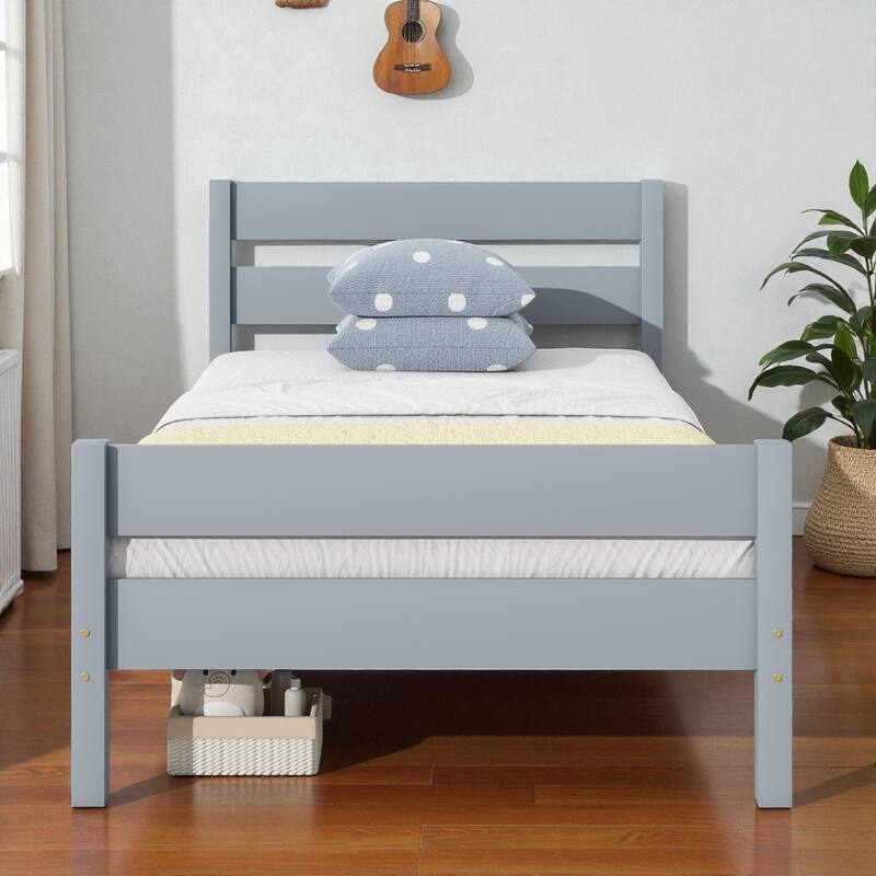 Twin Bed with Headboard and Footboard, Solid Rubber Wood Frame with Under-Bed Storage and Durable Slat Support