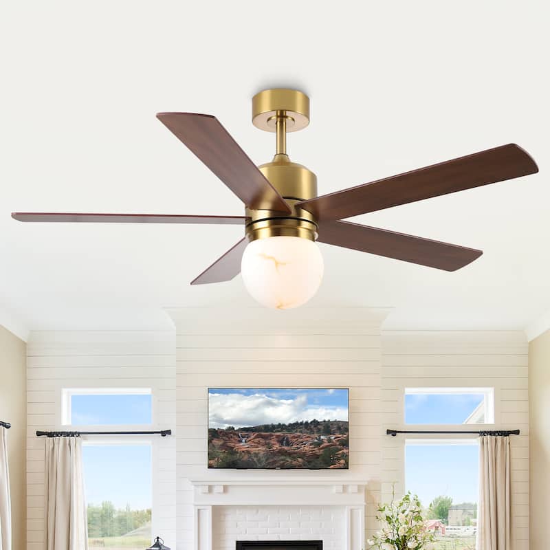 52" Modern Brushed Gold Bubble Glass Alabaster Reversible Ceiling Fan with Light and Remote