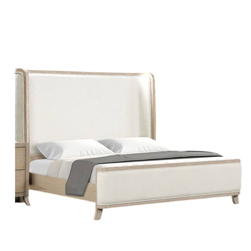 Fea Queen Bed, Natural Oak, Shelter Padded Headboard, White Upholstery