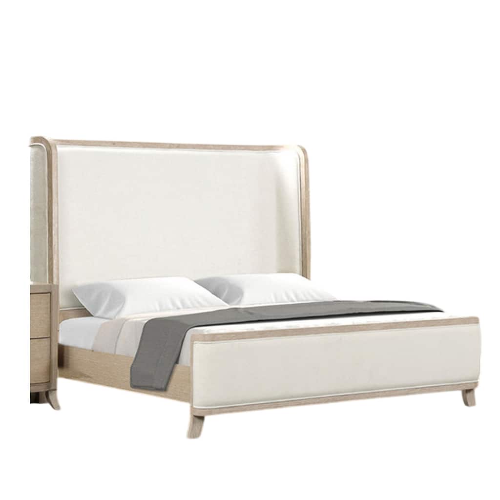 Fea Queen Bed, Natural Oak, Shelter Padded Headboard, White Upholstery