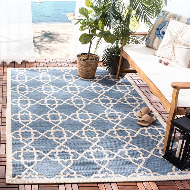 SAFAVIEH Courtyard Lawanda Trellis Indoor/ Outdoor Waterproof Patio Backyard Rug - 8' x 11' - Blue/Beige