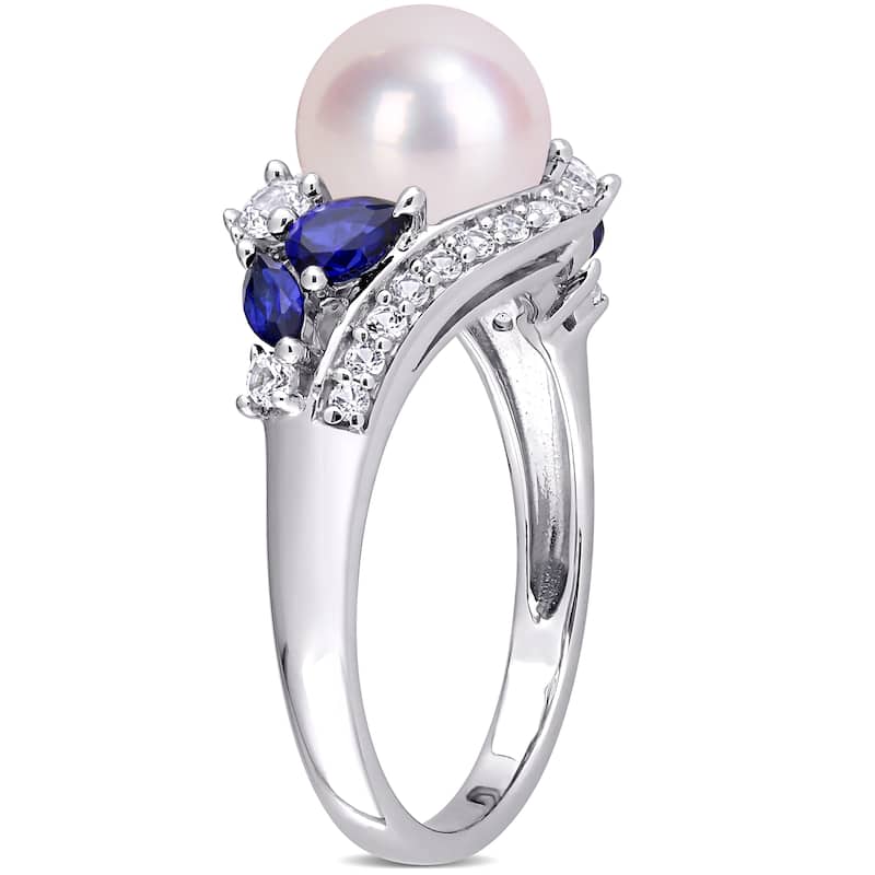 Miadora 10k White Gold Cultured FW Pearl with Created Blue & White Sapphire Pearl Ring (8-8.5mm)