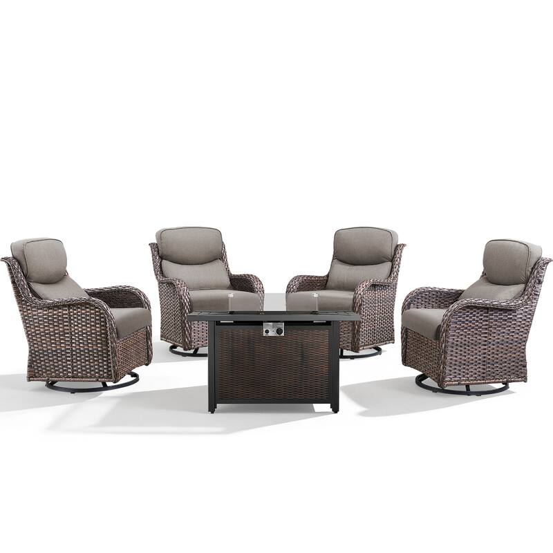 Meyreso 5-Piece Outdoor Patio Wicker Fire Pit 4 person Conversation Set with 5-Inch Thick Cushions