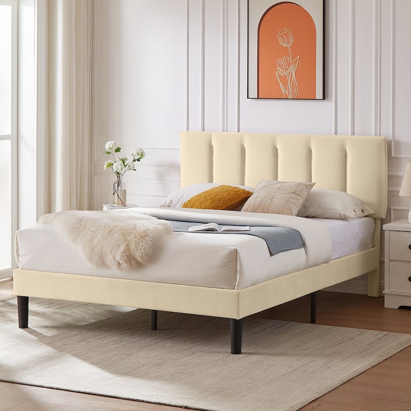 VECELO Tufted Upholstered Platform Bed Frame with Adjustable Height Headboard Twin/Full/Queen Size Beds - Beige - Full