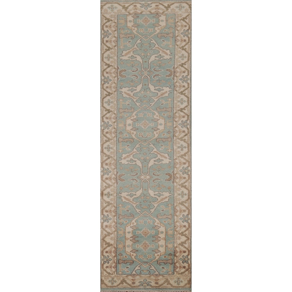 Light Blue Oushak Oriental Runner Rug Handmade Bedroom Wool Carpet - 2'6" x 10'0"