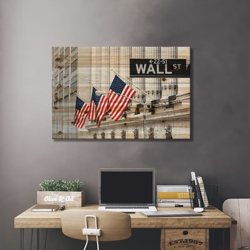 American Flags & Wall Street Signage, New York Stock Exchange, New York City, USA Print On Wood by Matteo Colombo - Multi-Color