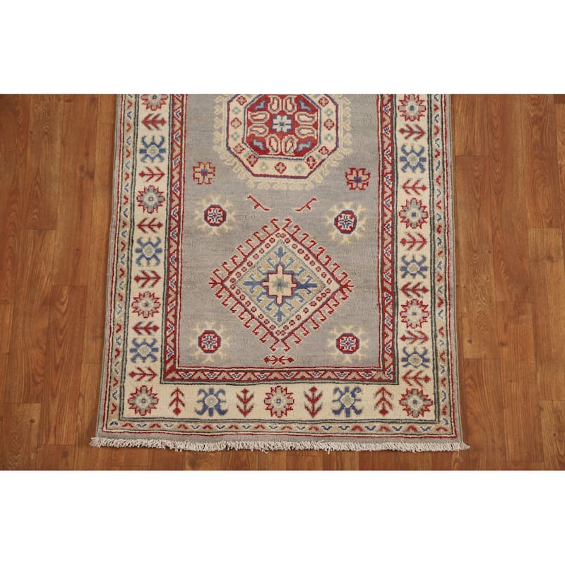 Geometric Kazak Runner Rug Hand-Knotted Grey Wool Carpet - 2'9" x 19'7"