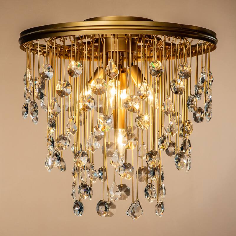 5-Light 20" Contemporary and Glam Antique Gold Rain Drop Crystal Flush Mount