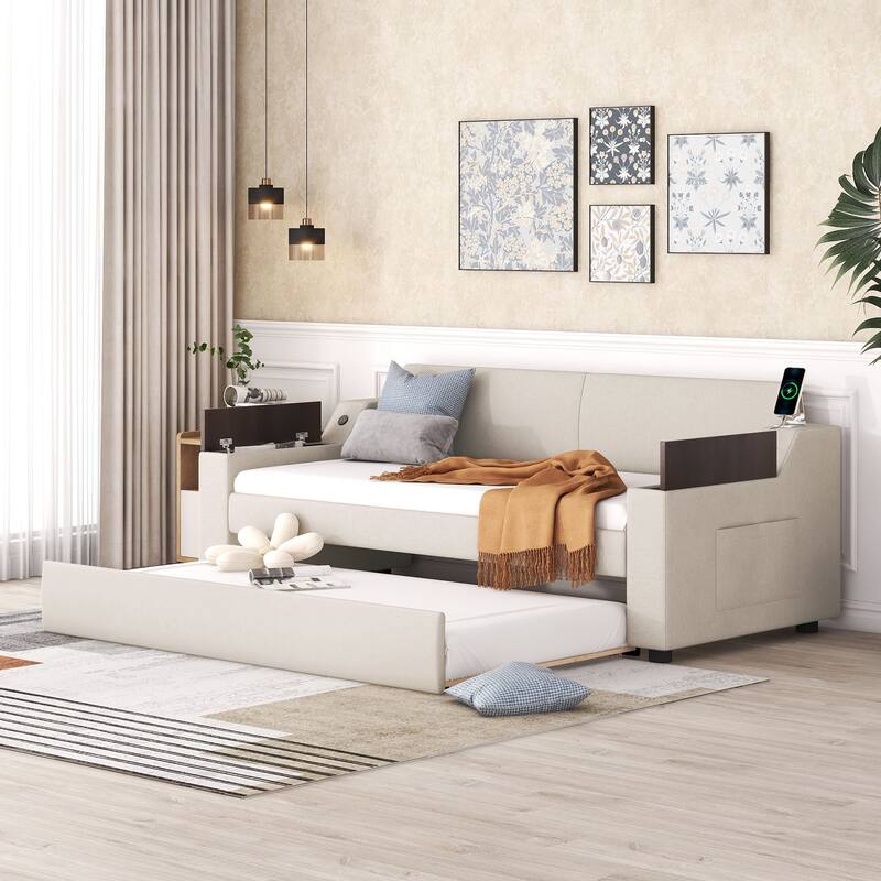 Twin Size Upholstered Daybed with Storage Arms, Trundle, and USB Charging in Beige