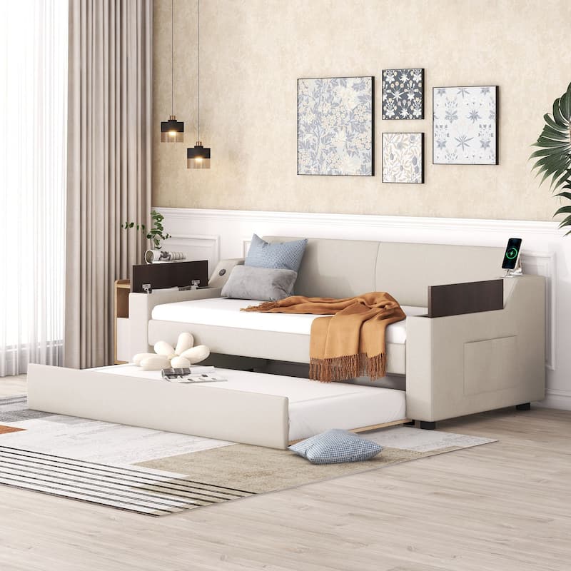 Twin Size Upholstered Daybed with Trundle & Storage Arms, Wood Sofa Bed Frame with USB Port & Side Pockets,No Box Spring Needed