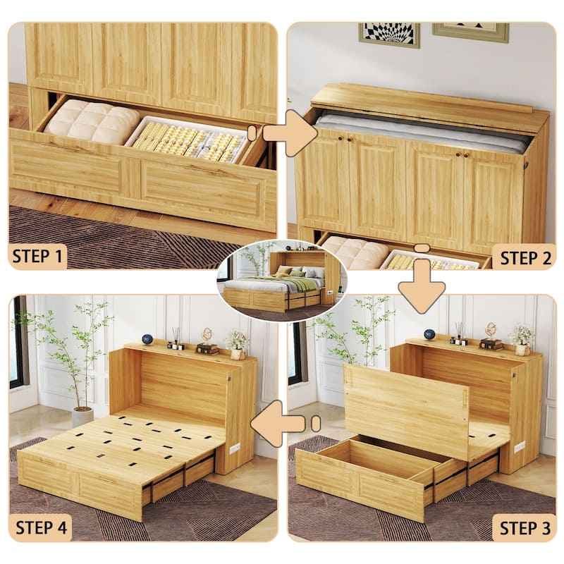 Murphy Bed Cabinet with Charging Port and Storage Drawer, White