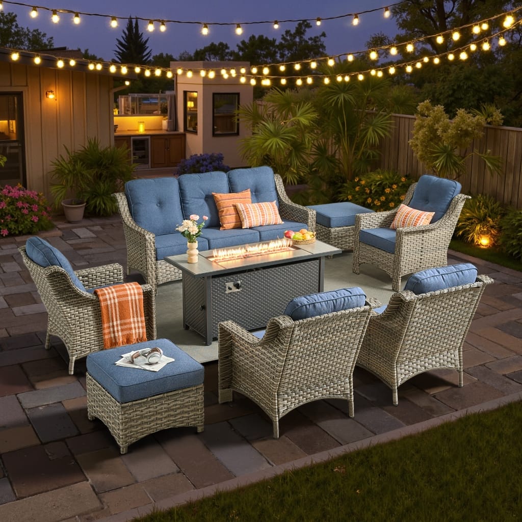 XIZZI 8-piece Outdoor Patio Furniture Set with 54" Fire Table