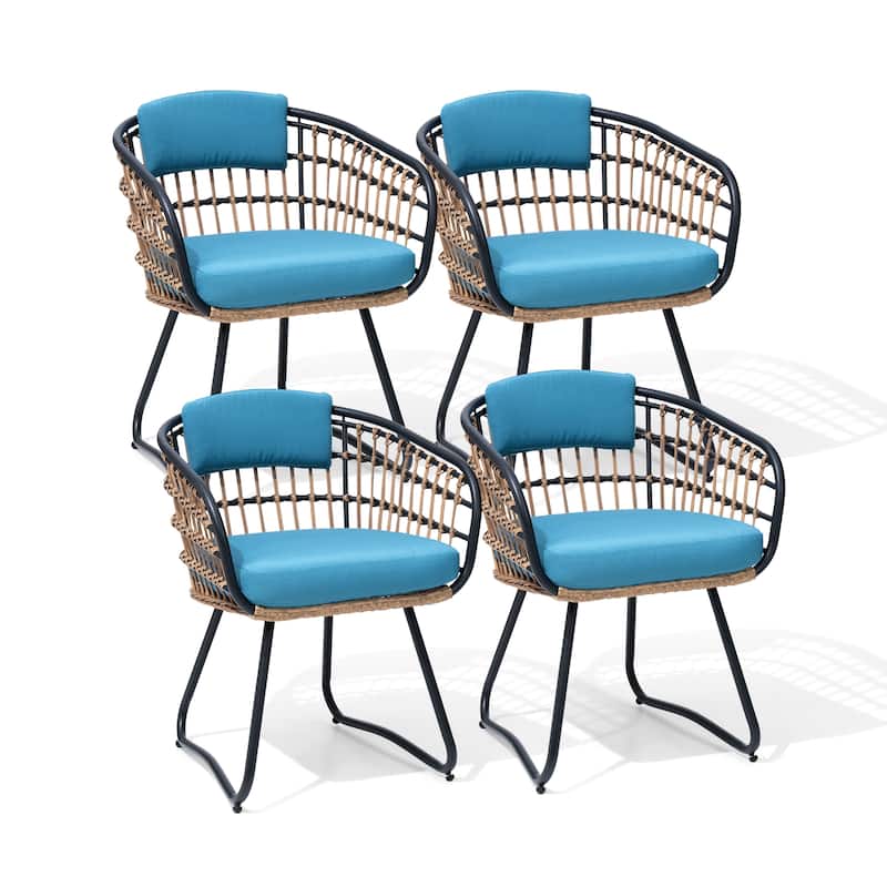 Outdoor Wicker Chairs Patio Dining Chairs Cushioned PE Rattan Seating Set - Blue, 4PCS