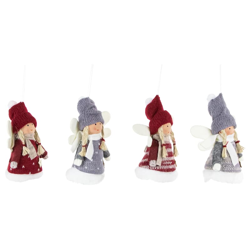 Plush Angel Girl Hanging Christmas Ornaments - 4.25" - Red and Gray - Set of 4