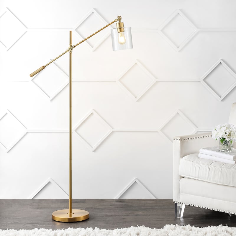 Axel Classic 60" Iron/Seeded Glass Adjustable Head Modern LED Floor Lamp, Brass Gold by JONATHAN Y - 1 Bulb