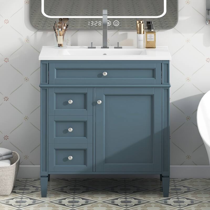 GDFStudio - Halmore Modern Freestanding Bathroom Vanity with Resin Sink, 2 Storage Drawers and a Tip-Out Drawer - 30'W - Blue