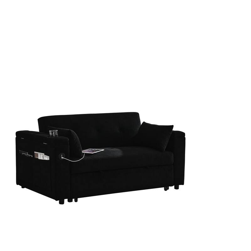 Black 54'' Double-Seater Fabric Sofa: Pull-Out Bed, Armrest Storage, and USB Charging Port