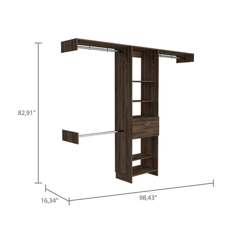 FM Furniture Cross Closet System with Drawer, 3 Metal Rods, and 5 Open Shelves