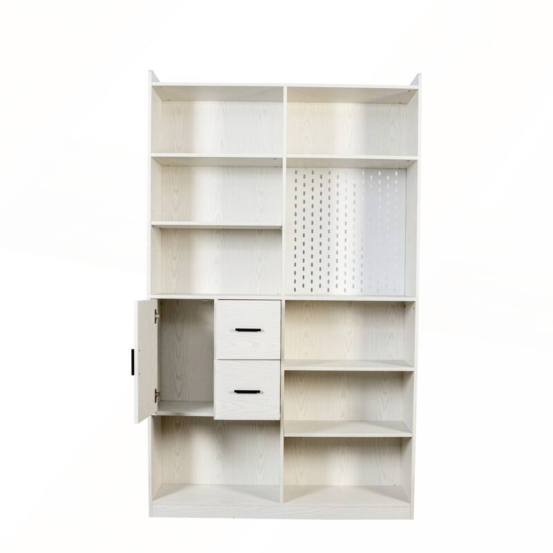 Modern Wide Wood Bookshelf and Bookcase with Pegboard and 9 Cubby Shelves for Living Room