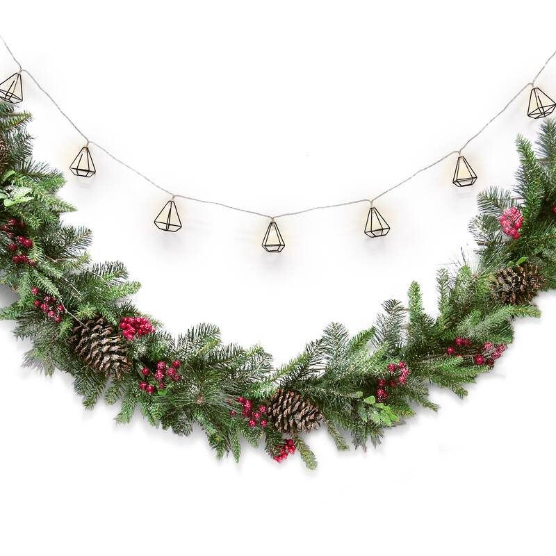 6ft Artificial Mixed Frosted Berry Twig Pine Cone & Pine Christmas Garland with Geometric Pyramid String Light Set
