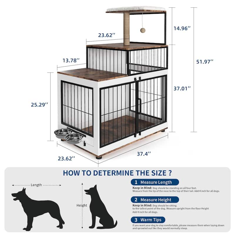 Multifunctional Dog Crate with Cat Perch, Bowls, Storage Shelves