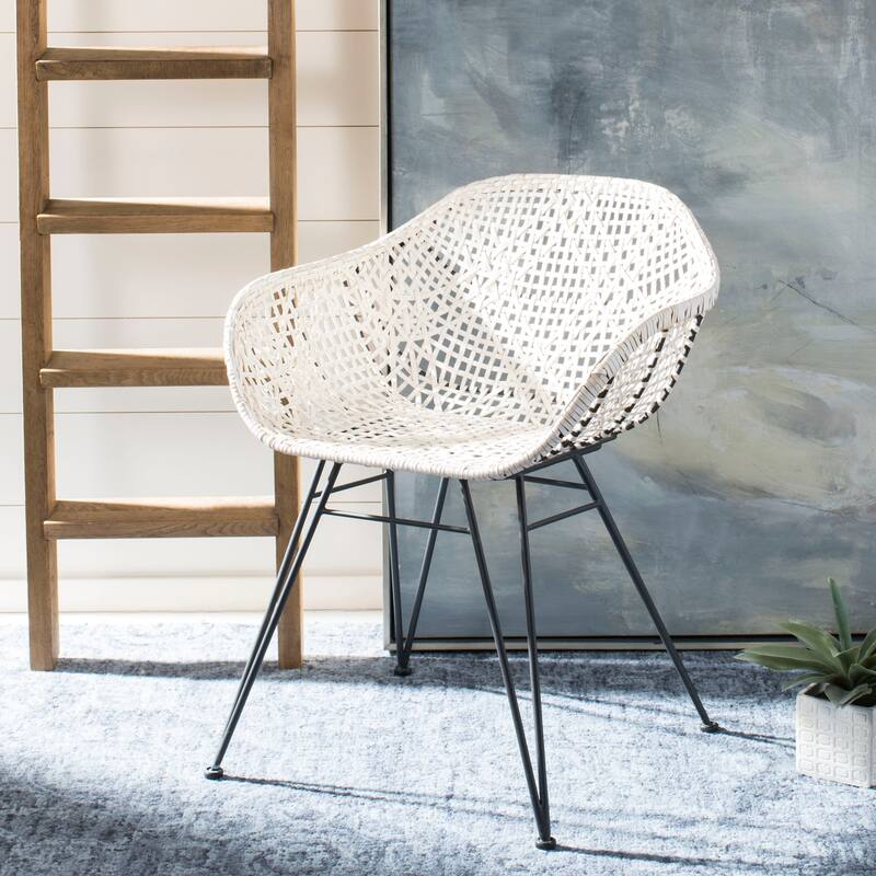 SAFAVIEH Verena Woven White Leather/Metal Dining Chair - 23.6" x 21.7" x 34" - 24Wx22Dx34H - White/Dark Grey