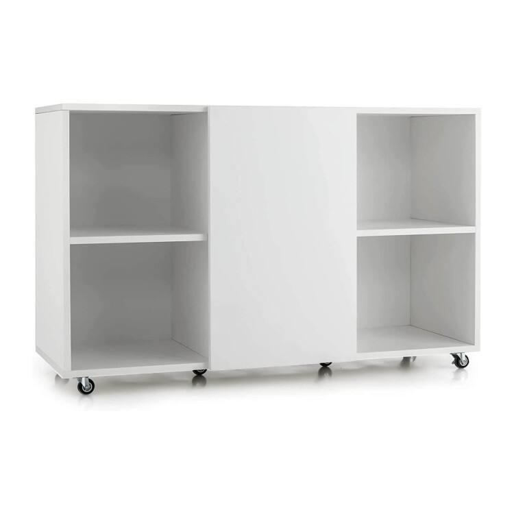 Wood Storage Cabinet with Wheels and 6 Compartments - 44" x 16" x 28" (L x W x H) - White