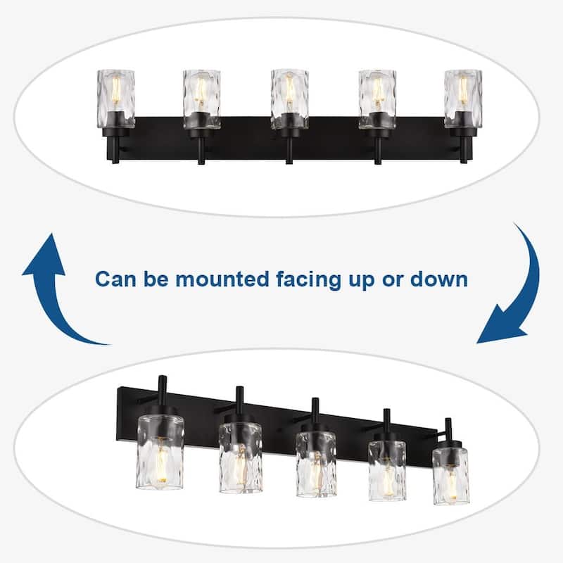Vanity Light Fixtures 5 Light Modern Wall Sconces Lighting Black Bathroom Lights Wall Mounted with Hammered Glass Shade