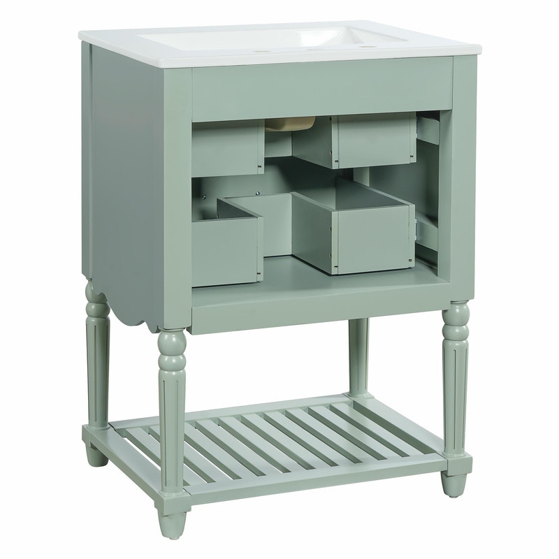 24'' Vintage Bathroom Vanity with Ceramic Sink, Freestanding Cabinet with 2 Drawers, Open Shelf