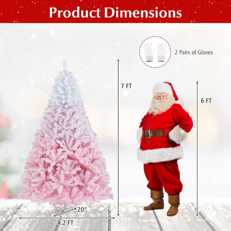 Gymax Artificial Christmas Tree Hinged Snow Flocked Xmas Tree w/ Lush - Pink, White