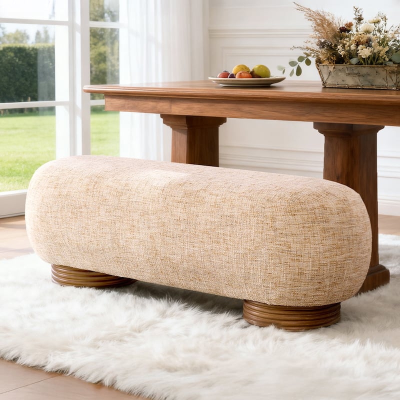59-Inch Chenille Upholstered Ottoman Bench with Acacia Solid Wood Frame - 59.1"L x 19.1"H x 20.1"D
