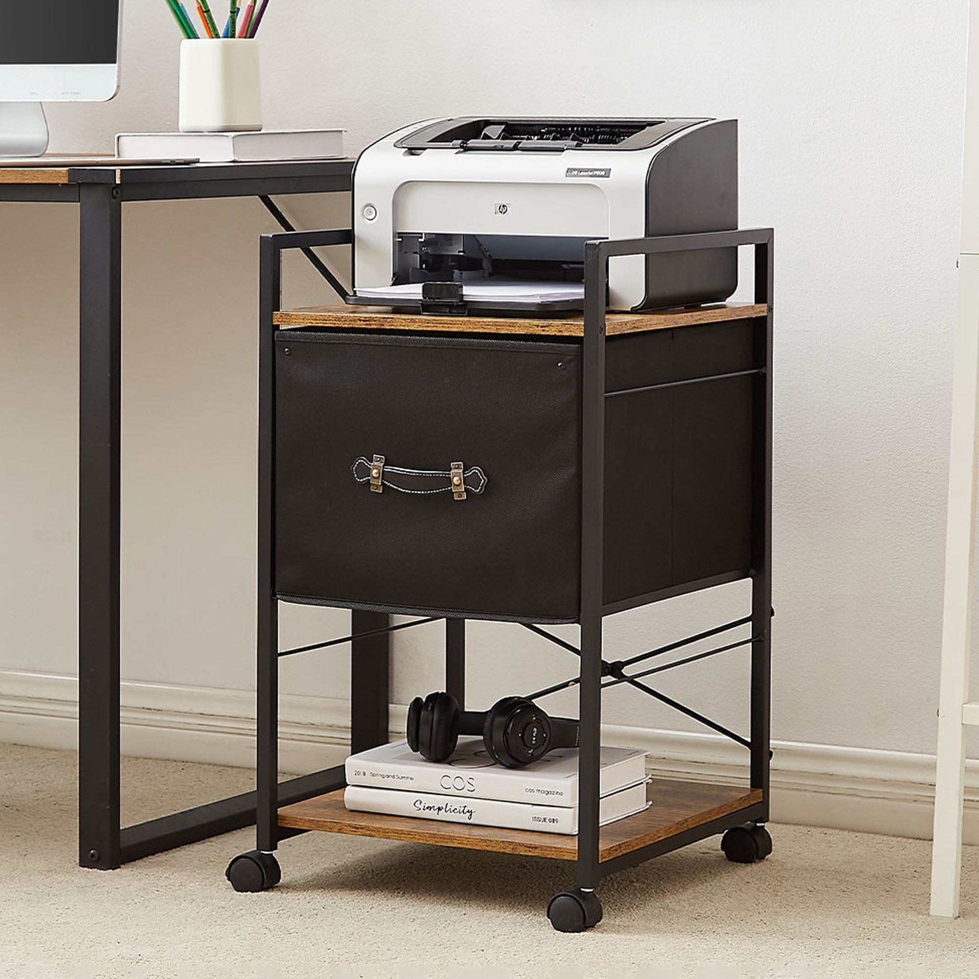 VECELO 3 Drawer Lateral File Cabinet, Rolling Printer Stand with Open