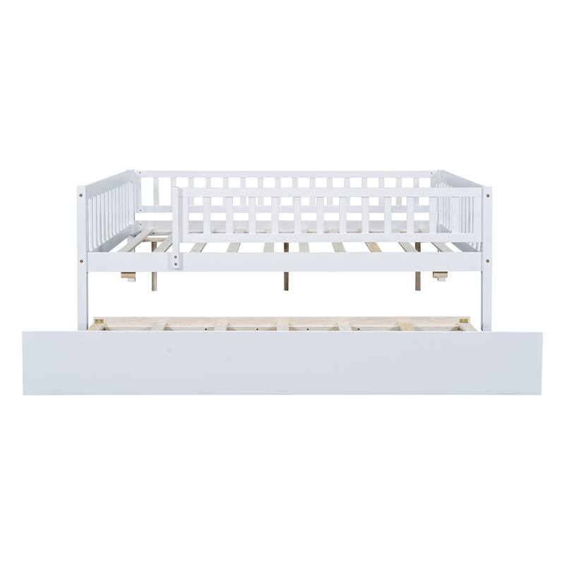 Full Size Wood Daybed with Trundle and Fence Guardrails, Space-Saving Design