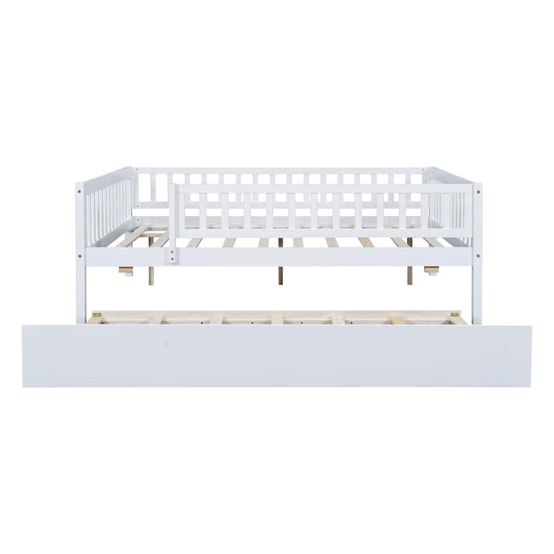 Full Size Wood Daybed with Trundle and Fence Guardrails, White
