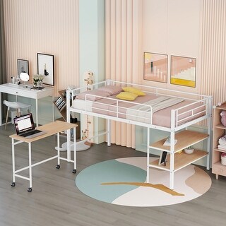 Modern Twin Size Metal Loft Bed w/ Desk & Shelves Platform Bed Frame for Kids, Teens No Box Spring Needed, Easy Assembly