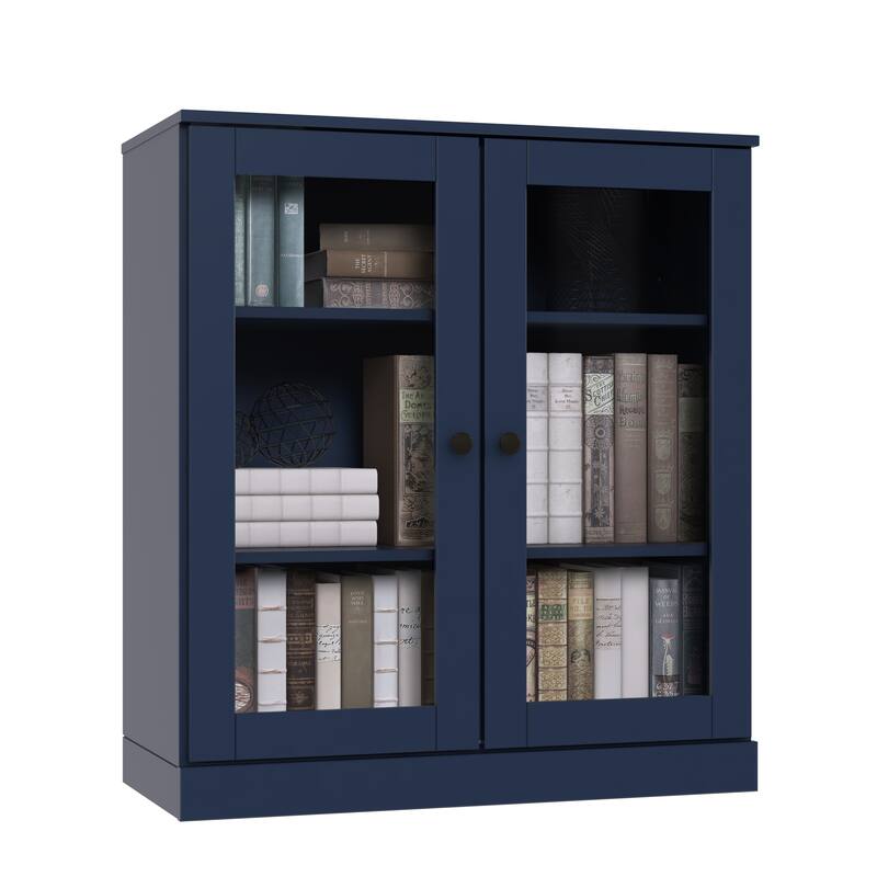 Palace Imports 100% Solid Wood 3-Shelf Bookcase, Clear Glass Doors, Adjustable Shelves, 32" Wide, 35.75" Tall