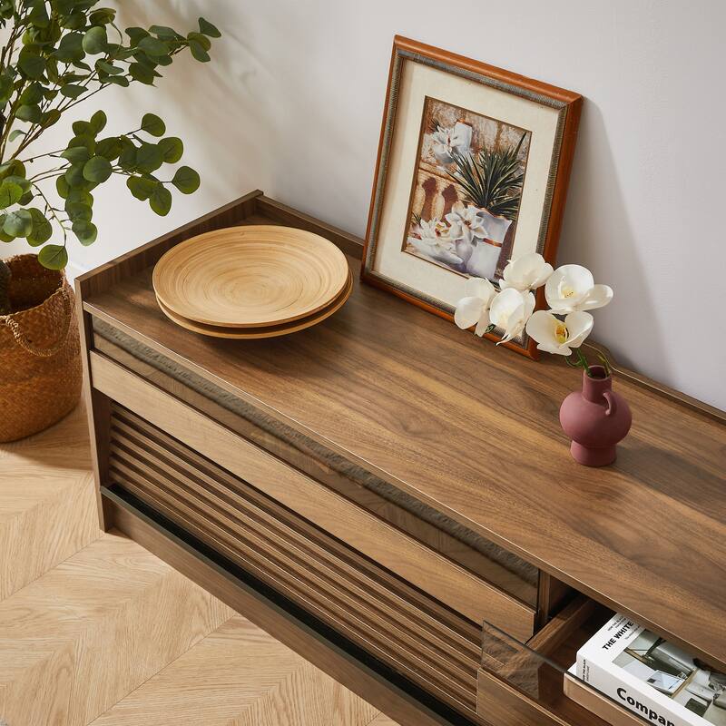Roomfitters Modern TV Stand with 4 Drawers, Tempered Glass, Charging Ports and Ambient Lighting, Ample Storage