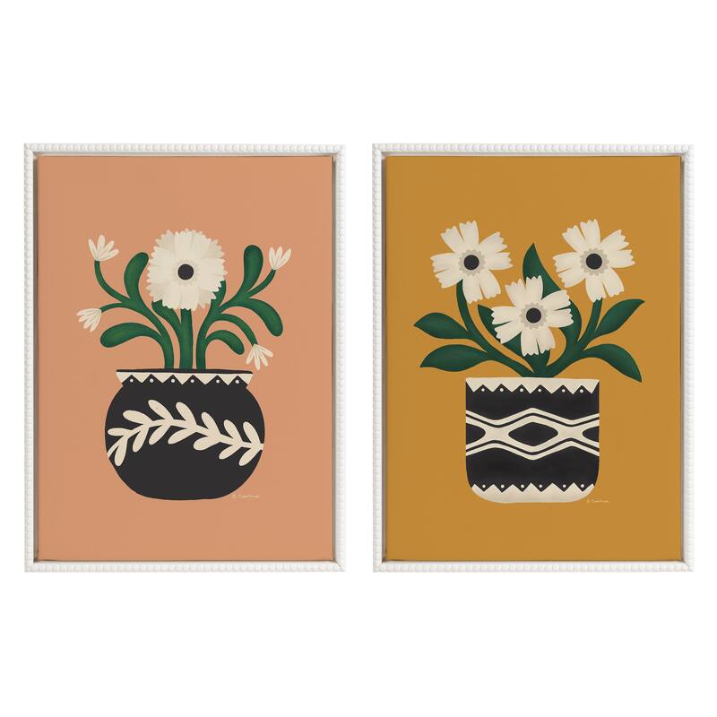 Sylvie Beaded Flower Gold Terra Frame Canvas Art Set by Carey Copeland - 2 Piece Set 18x24