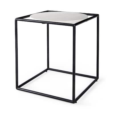 Suspended White Marble Black Metal Geo Side Table - 22" H x 20" W x 20" D