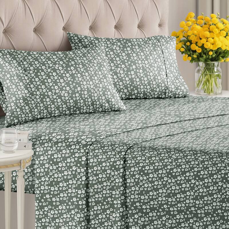 CGK Linens Luxurious 4 Piece Floral Sheet Set,Deep Pocket, Soft, Wrinkle-Resistant Pastel Botanical Bed Sheets - King - Green Meadow