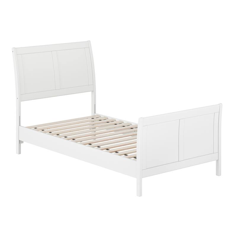 Solid Wood Sleigh Bed Frame Twin Low Profile Platform Bed with Footboard - White Finish