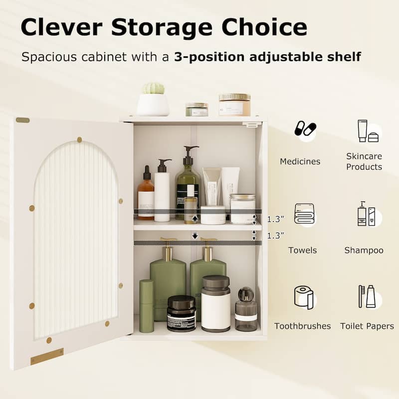 White Wall-Mount Bathroom Storage Cabinet with Tempered Glass Door and 3 Adjustable Shelves - 14" x 8" x 21"