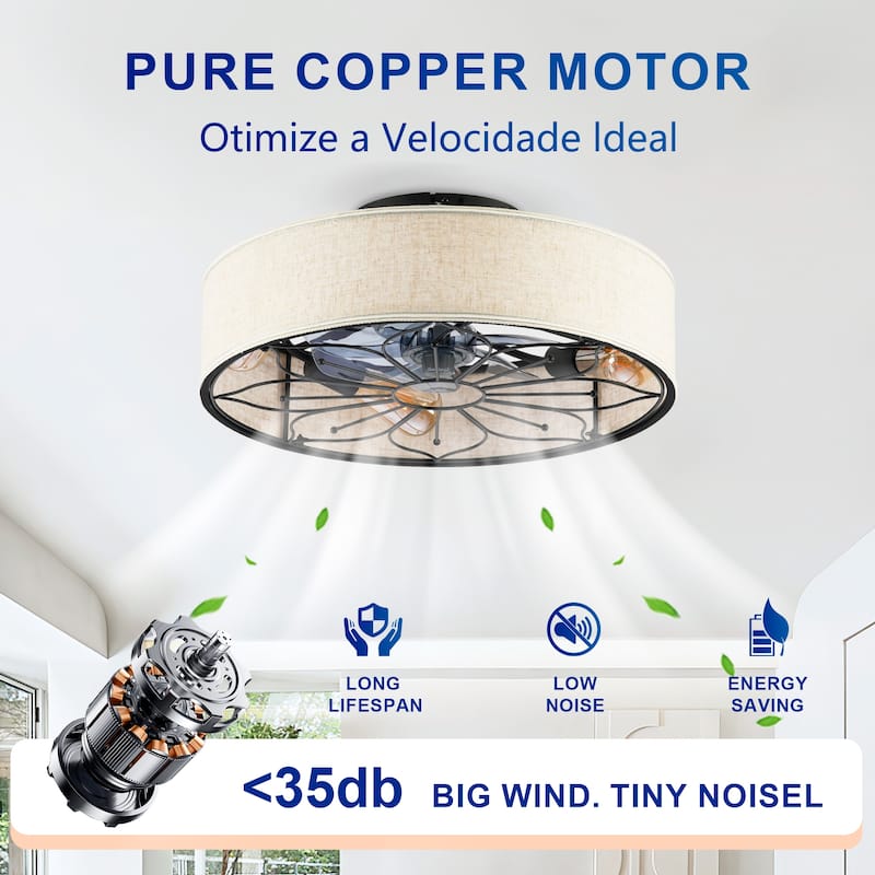 20" Lotus Design Fabric Farmhouse Bladeless Ceiling fan With Remote Control For Living room, Bedroom,Kitchen