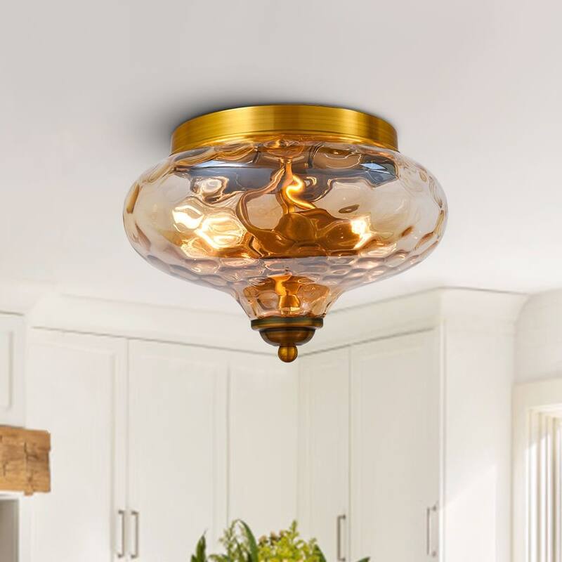 Modern Farmhouse 2-light Water Pattern Hammered Glass Flush Mount 9in - Gold