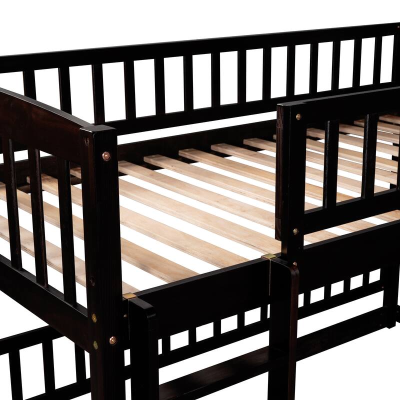 Twin Bunk Bed with Slide and Fun Fence Design, Sturdy Pine Wood, Low Profile for Kids