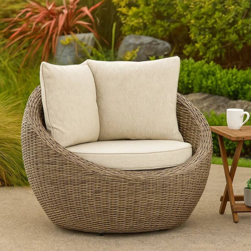 Swivel Outdoor Lounge Chair Set of 2, Beige Wicker, Nuvella Cushions