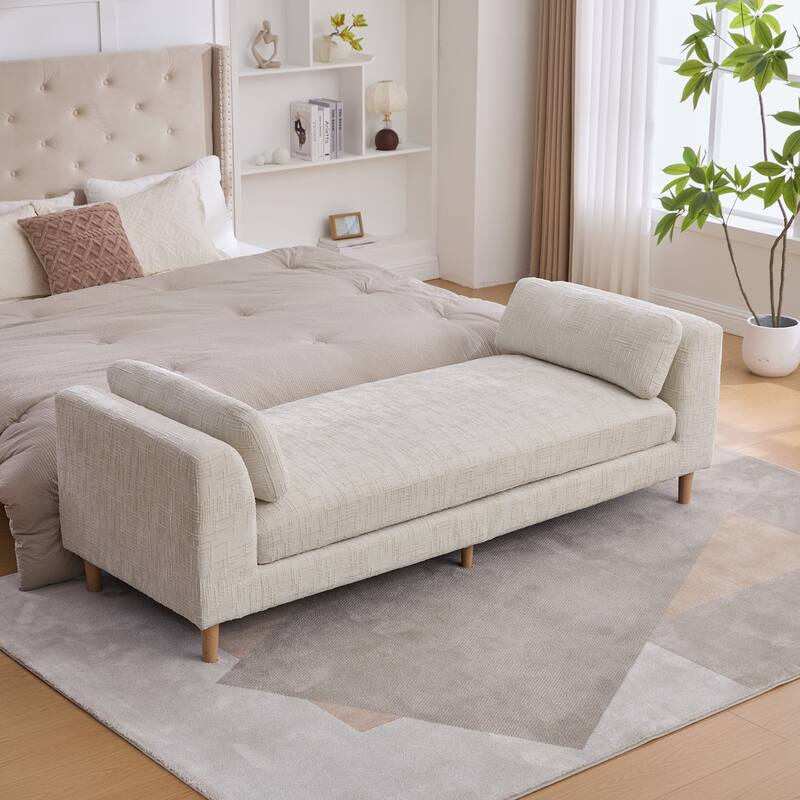 Ottoman Bench with Armrests, Chenille Upholstered End of Bed Bench, Window Bench with 2 Bolster Pillows & Rubberwood Legs - Beige