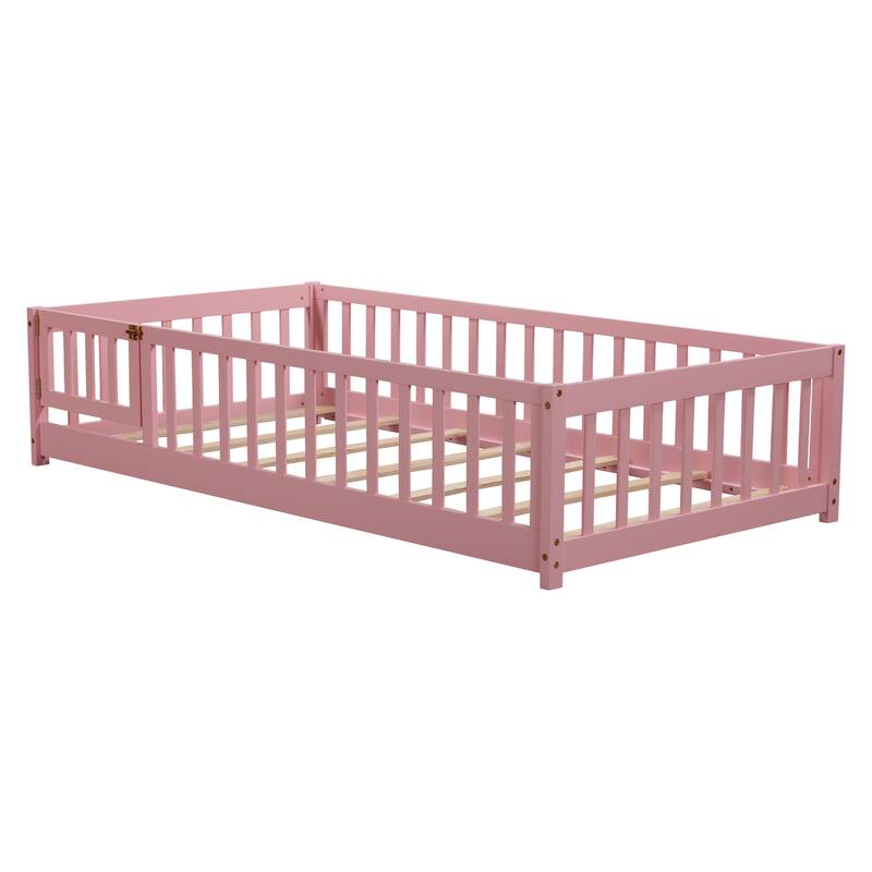 Floor Bed with Fence,Door and Safety Guardrails,Perfect for Kids' Play,Sleep and Development